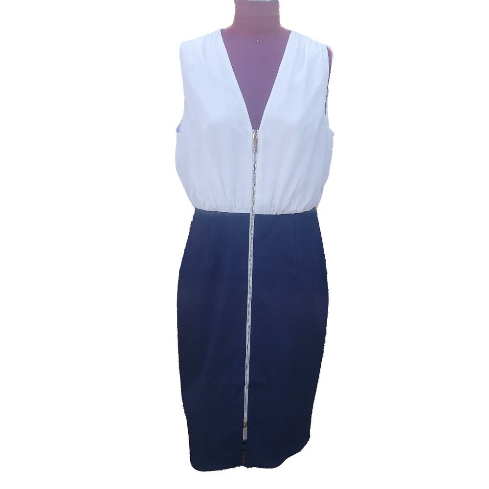 Ted Baker Annise Dress Navy White Colorblock V Neck Pencil Sleeveless 12